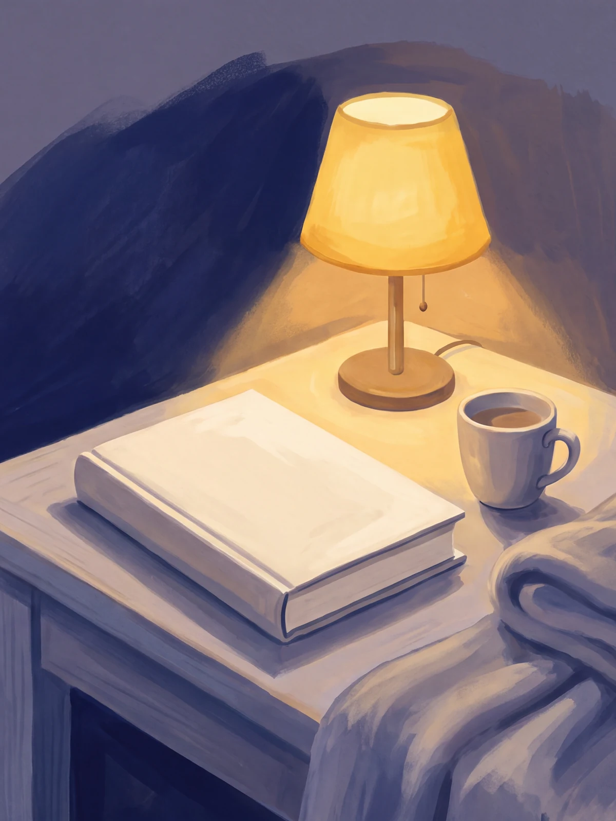 Un libro chiuso e una lampada accesa su un comodino, la sera.